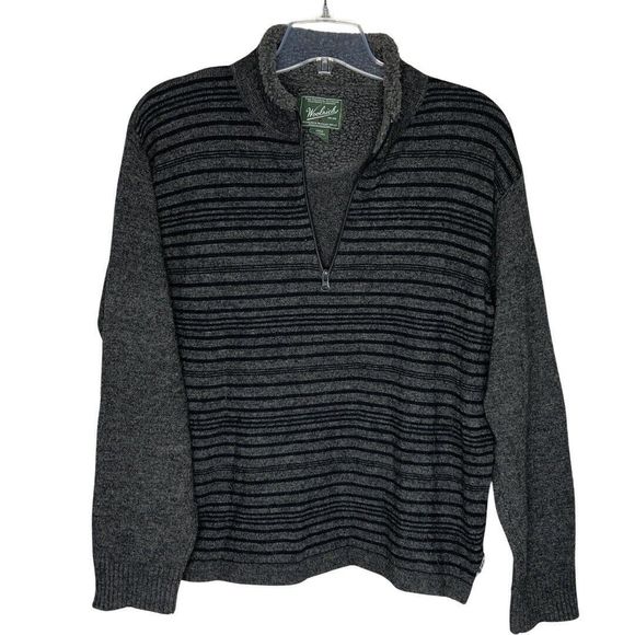 Woolrich Sweater Mens Large Gray Black Striped 1/4 Zip Lambswool Blend Cabincore - Picture 1 of 7